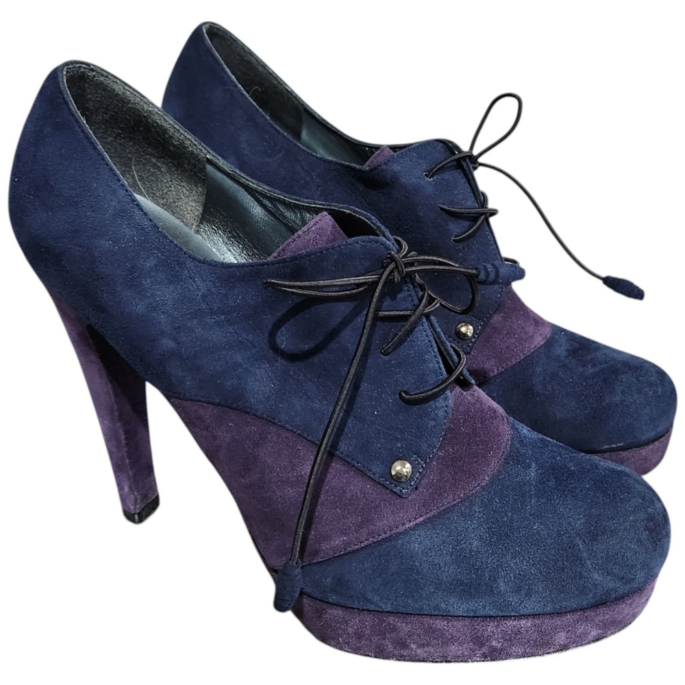 Stuart Weitzman Flyaway Suede Ankle Bootie Platform Heels 8.5 Navy Blue & Purple